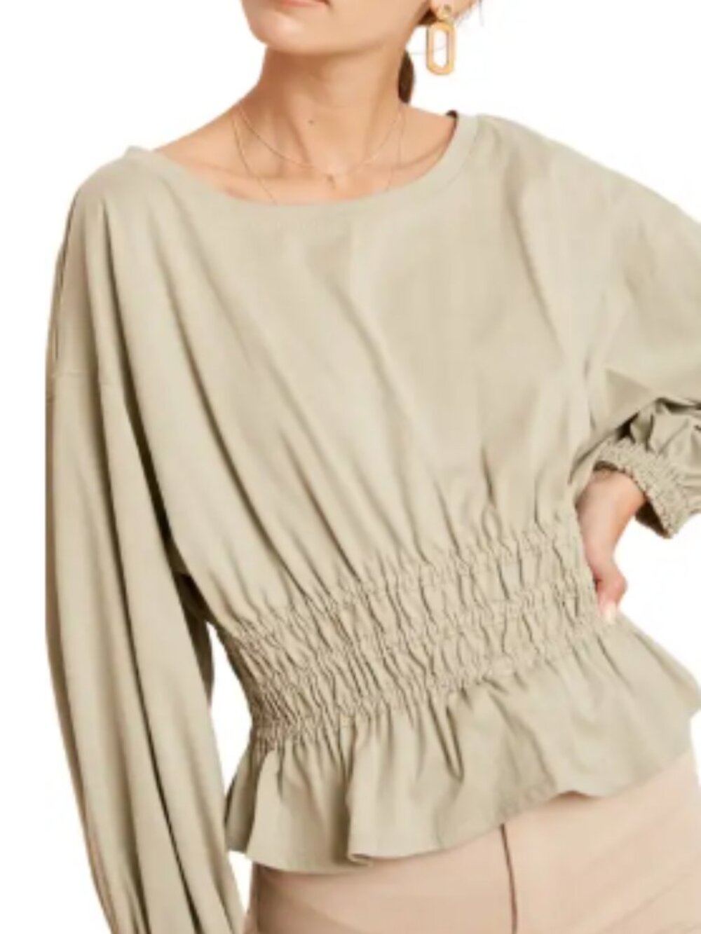 Wishlist Sage Green Long Sleeve Smocked Waist Top